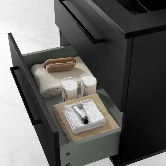 Elba Matt Black Wall Hung Basin Drawer Vanity 600mm with Matt Black Stand