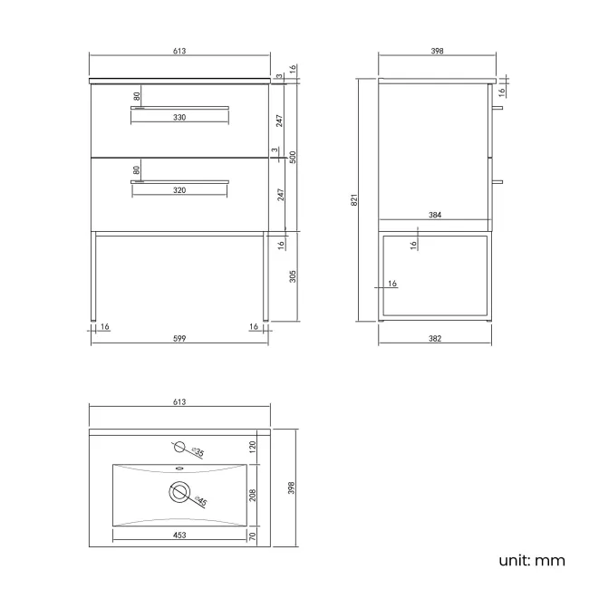 Elba Matt Black Wall Hung Basin Drawer Vanity 600mm with Matt Black Stand
