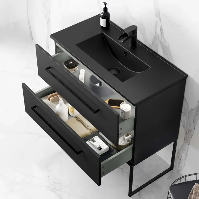 Elba Matt Black Wall Hung Basin Drawer Vanity 800mm with Matt Black Stand