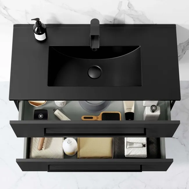 Elba Matt Black Wall Hung Basin Drawer Vanity 800mm with Matt Black Stand