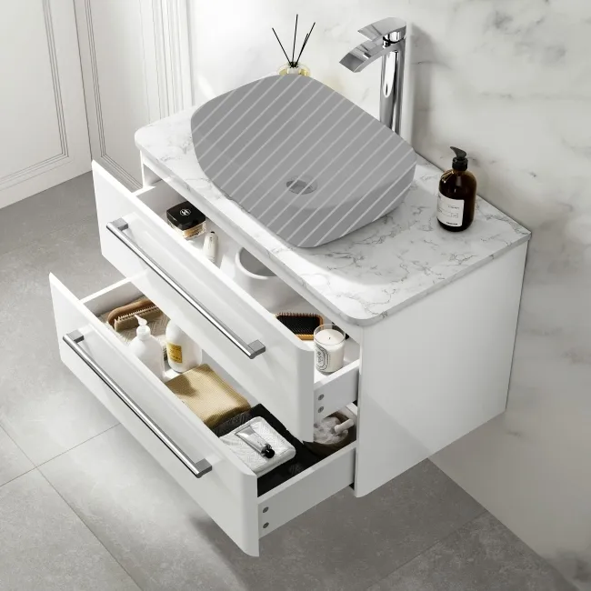 Omaha Gloss White Wall Hung Drawer Vanity with Marble Top 800mm - Excludes Counter Top Basin