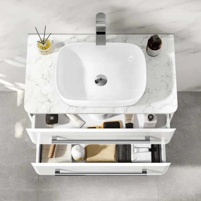 Omaha Gloss White Wall Hung Drawer Vanity with Marble Top & Curved Counter Top Basin 800mm