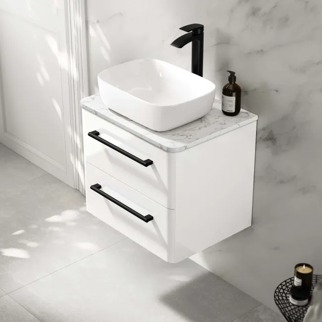 Omaha Gloss White Wall Hung Vanity Marble Top & Curved Counter Top Basin 600mm - Black Accents