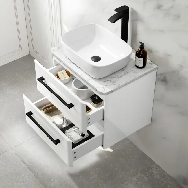Omaha Gloss White Wall Hung Vanity Marble Top & Curved Counter Top Basin 600mm - Black Accents