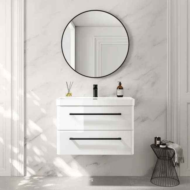 Omaha Gloss White Wall Hung Basin Drawer Vanity 800mm - Black Accents