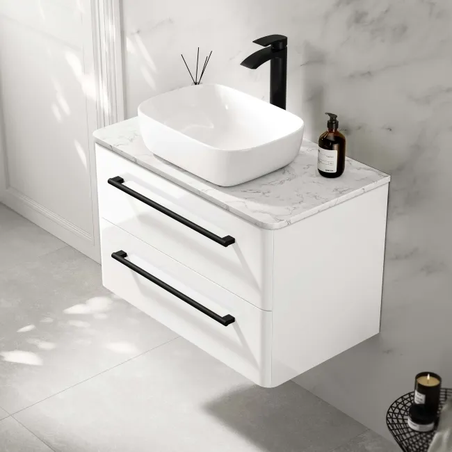 Omaha Gloss White Wall Hung Vanity Marble Top & Curved Counter Top Basin 800mm - Black Accents