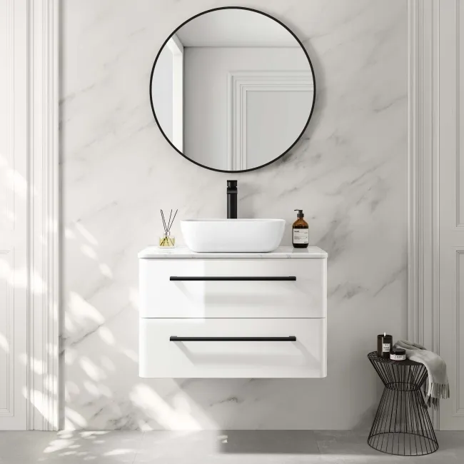 Omaha Gloss White Wall Hung Vanity Marble Top & Curved Counter Top Basin 800mm - Black Accents