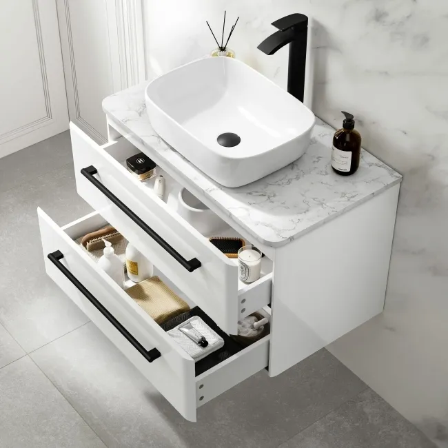 Omaha Gloss White Wall Hung Vanity Marble Top & Curved Counter Top Basin 800mm - Black Accents