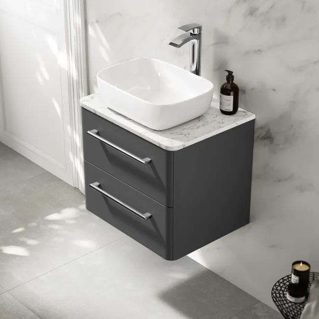 Omaha Slate Grey Wall Hung Drawer Vanity with Marble Top & Curved Counter Top Basin 600mm