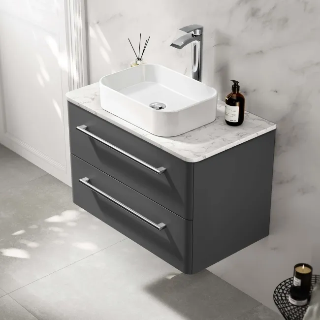 Omaha Slate Grey Wall Hung Drawer Vanity with Marble Top & Marin Basin 800mm