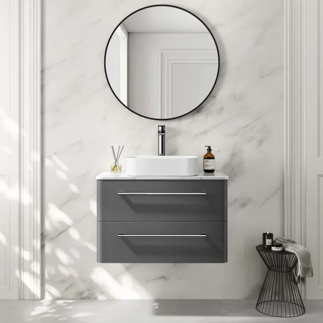 Omaha Slate Grey Wall Hung Drawer Vanity with Marble Top & Marin Basin 800mm