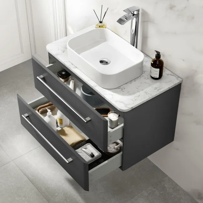 Omaha Slate Grey Wall Hung Drawer Vanity with Marble Top & Marin Basin 800mm