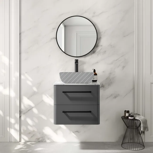 Omaha Slate Grey Wall Hung Drawer Vanity Marble Top 600mm (No Basin) - Black Accents
