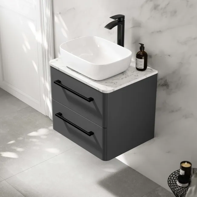 Omaha Slate Grey Wall Hung Vanity Marble Top & Curved Counter Top Basin 600mm - Black Accents
