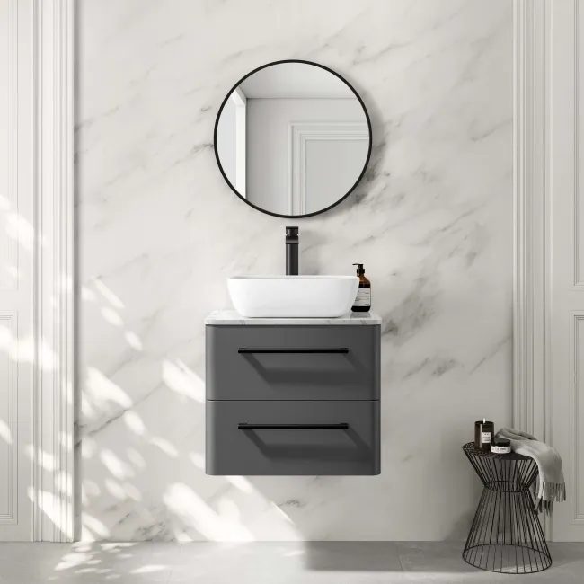 Omaha Slate Grey Wall Hung Vanity Marble Top & Curved Counter Top Basin 600mm - Black Accents
