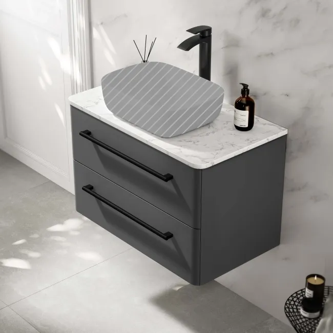 Omaha Slate Grey Wall Hung Drawer Vanity Marble Top 800mm (No Basin) - Black Accents