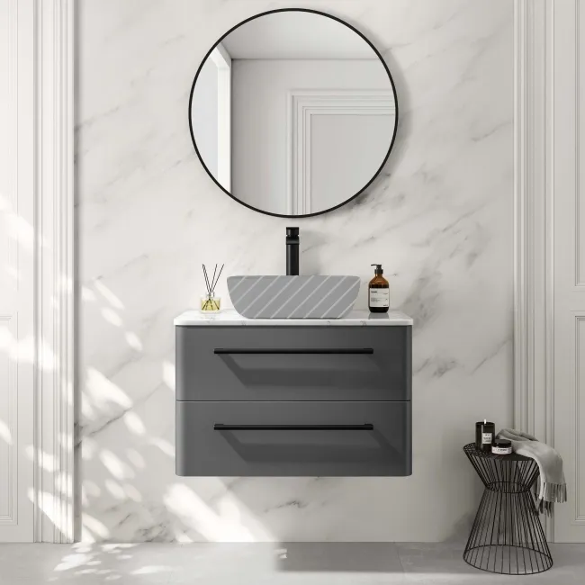 Omaha Slate Grey Wall Hung Drawer Vanity Marble Top 800mm (No Basin) - Black Accents