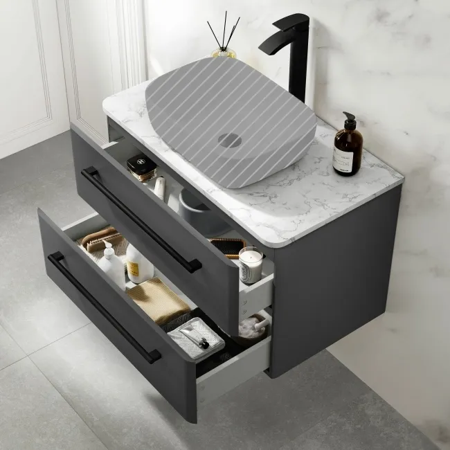 Omaha Slate Grey Wall Hung Drawer Vanity Marble Top 800mm (No Basin) - Black Accents