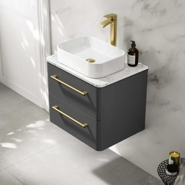 Omaha Slate Grey Wall Hung Drawer Vanity with Marble Top & Marin Basin 600mm - Brushed Brass Accents