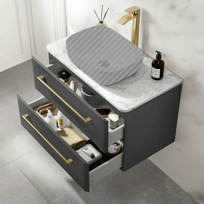 Omaha Slate Grey Wall Hung Drawer Vanity Marble Top 800mm (No Basin) - Brushed Brass Accents