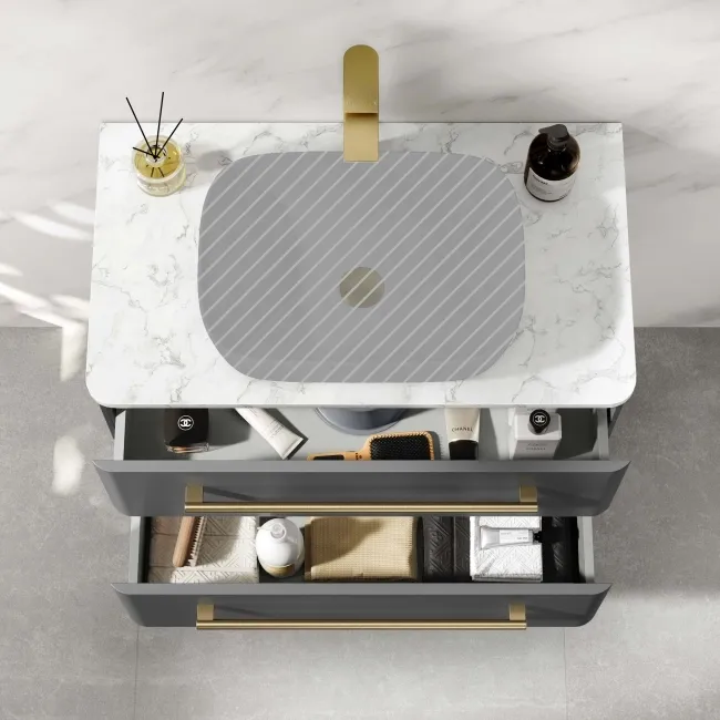 Omaha Slate Grey Wall Hung Drawer Vanity Marble Top 800mm (No Basin) - Brushed Brass Accents
