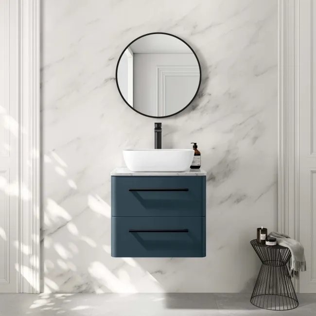 Omaha Navy Blue Wall Hung Drawer Vanity Marble Top & Curved Counter Top Basin 600mm - Black Accents