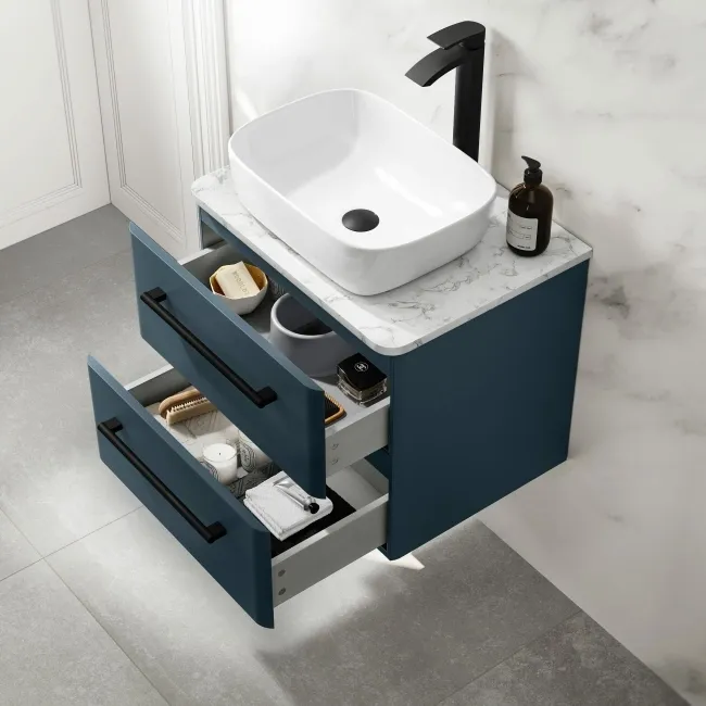 Omaha Navy Blue Wall Hung Drawer Vanity Marble Top & Curved Counter Top Basin 600mm - Black Accents