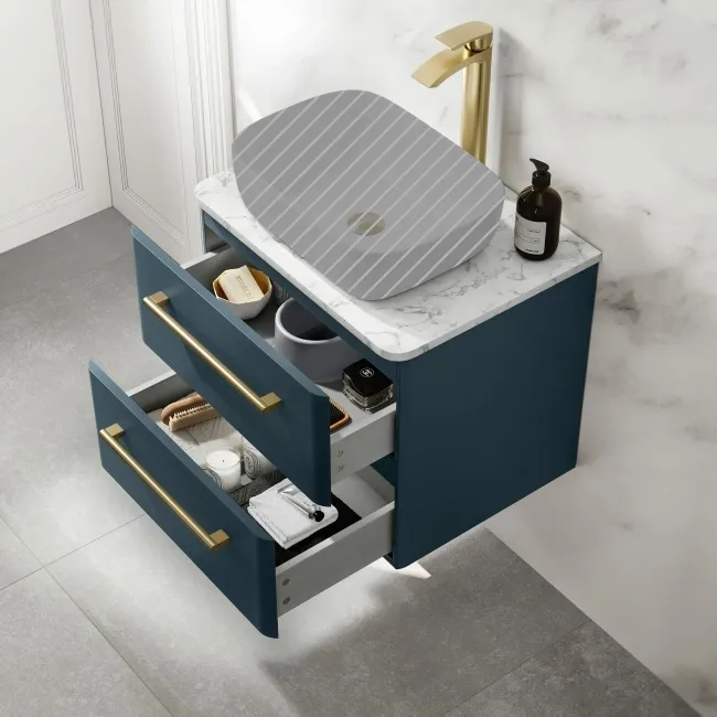 Omaha Navy Blue Wall Hung Drawer Vanity Marble Top 600mm (No Basin) - Brushed Brass Accents