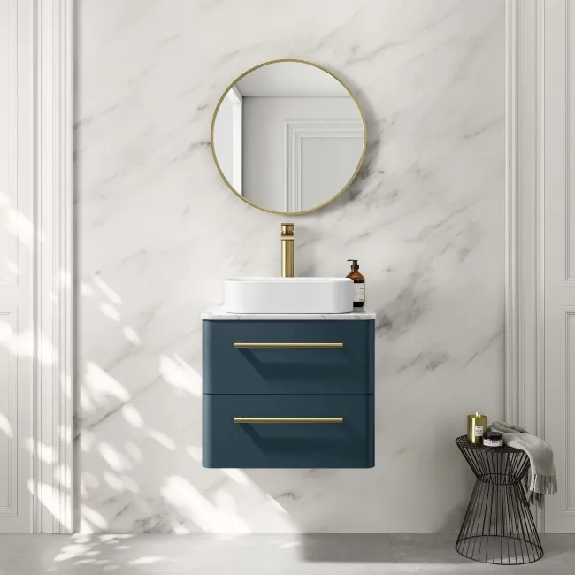 Omaha Navy Blue Wall Hung Drawer Vanity with Marble Top & Marin Basin 600mm - Brushed Brass Accents