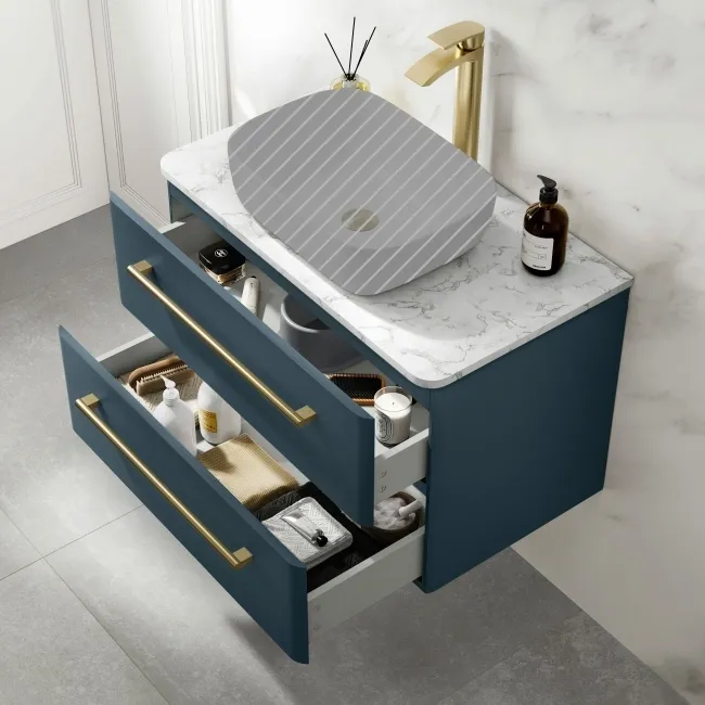 Omaha Navy Blue Wall Hung Drawer Vanity Marble Top 800mm (No Basin) - Brushed Brass Accents