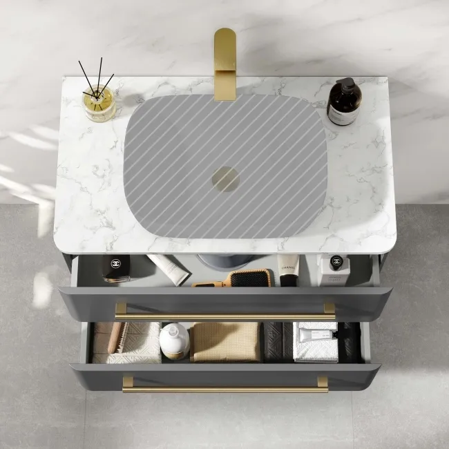 Omaha Navy Blue Wall Hung Drawer Vanity Marble Top 800mm (No Basin) - Brushed Brass Accents