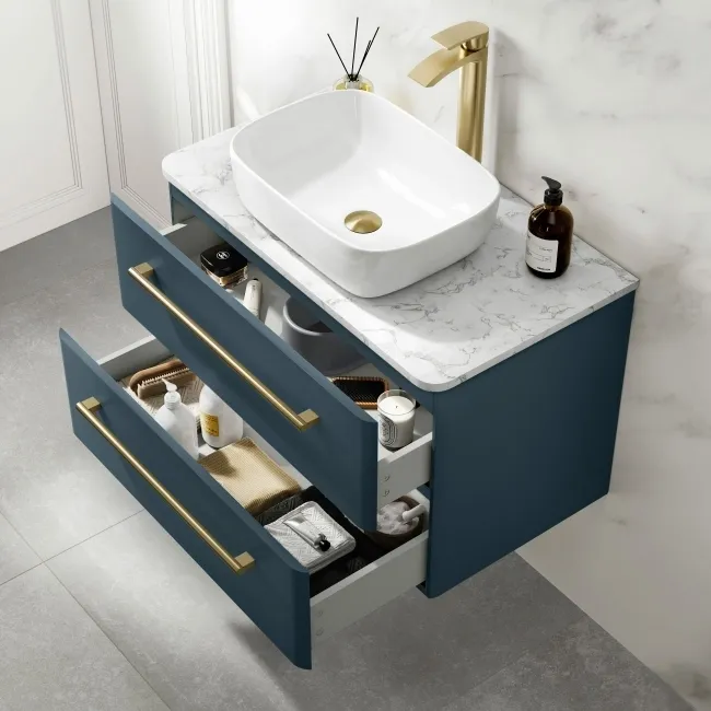 Omaha Navy Blue Wall Hung Vanity Marble Top & Curved Counter Top Basin 800mm - Brass Accents