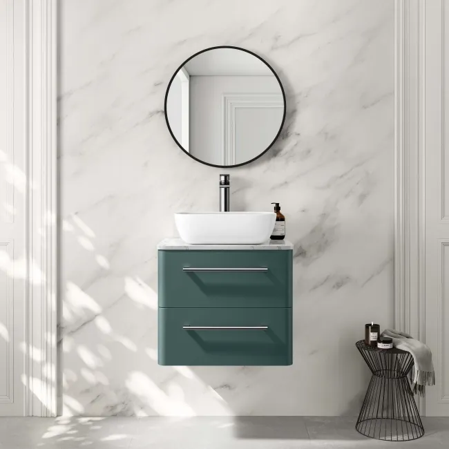 Omaha Mystic Green Wall Hung Drawer Vanity with Marble Top & Curved Counter Top Basin 600mm