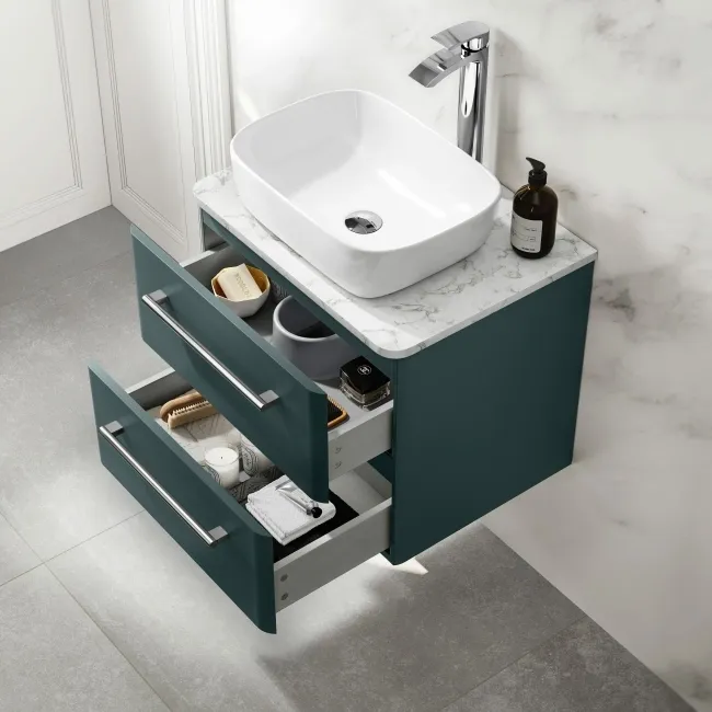Omaha Mystic Green Wall Hung Drawer Vanity with Marble Top & Curved Counter Top Basin 600mm
