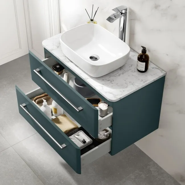 Omaha Mystic Green Wall Hung Drawer Vanity with Marble Top & Curved Counter Top Basin 800mm