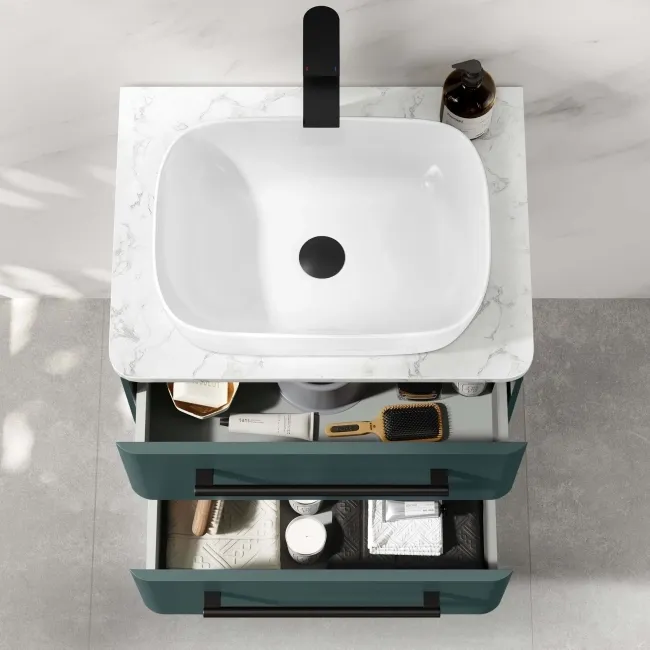 Omaha Mystic Green Wall Hung Vanity Marble Top & Curved Counter Top Basin 600mm - Black Accents