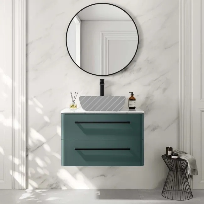 Omaha Mystic Green Wall Hung Drawer Vanity Marble Top 800mm (No Basin) - Black Accents