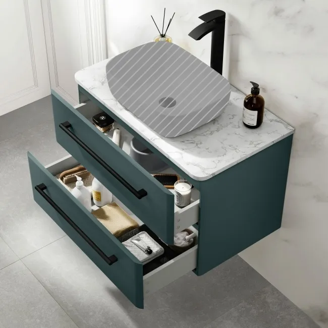 Omaha Mystic Green Wall Hung Drawer Vanity Marble Top 800mm (No Basin) - Black Accents