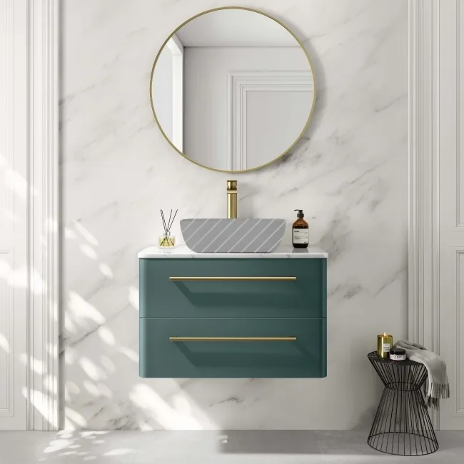 Omaha Mystic Green Wall Hung Drawer Vanity Marble Top 800mm (No Basin) - Brushed Brass Accents