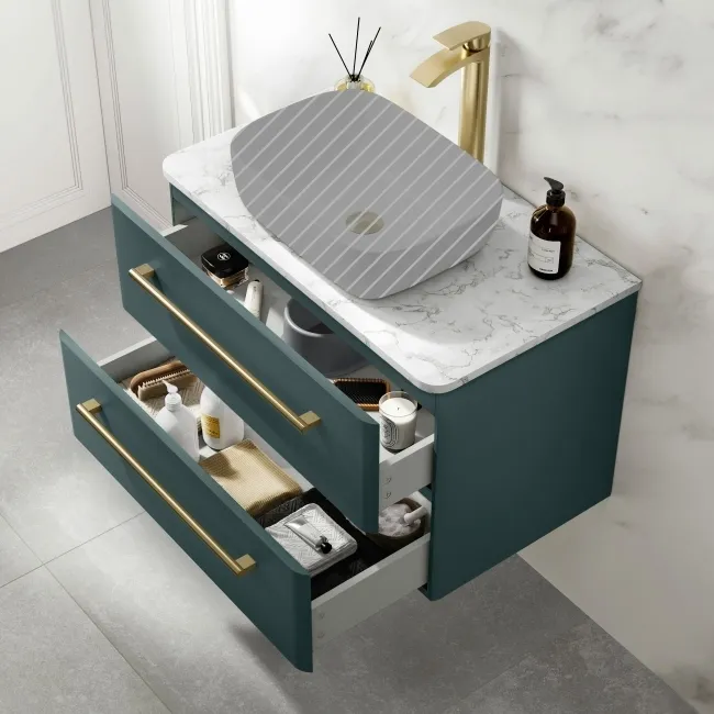 Omaha Mystic Green Wall Hung Drawer Vanity Marble Top 800mm (No Basin) - Brushed Brass Accents