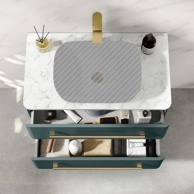 Omaha Mystic Green Wall Hung Drawer Vanity Marble Top 800mm (No Basin) - Brushed Brass Accents