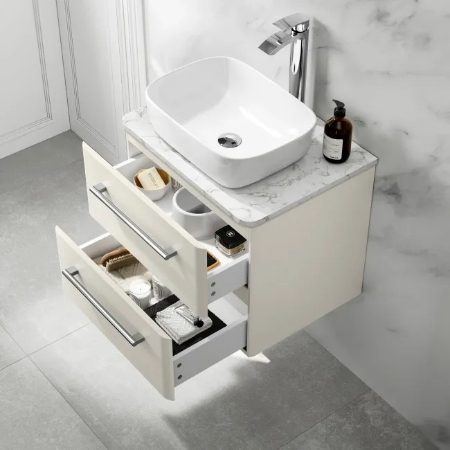 Omaha Linen White Wall Hung Drawer Vanity with Marble Top & Curved Counter Top Basin 600mm