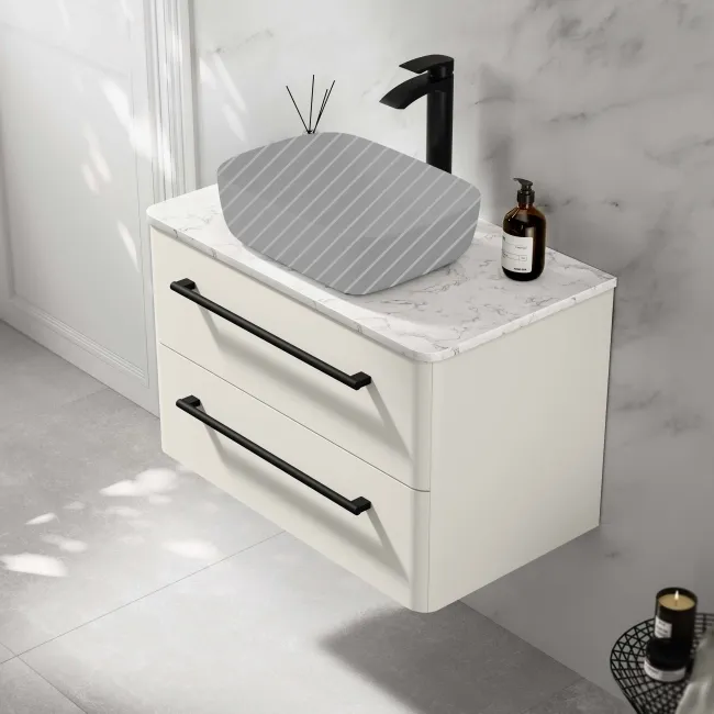 Omaha Linen White Wall Hung Drawer Vanity Marble Top 800mm (No Basin) - Black Accents