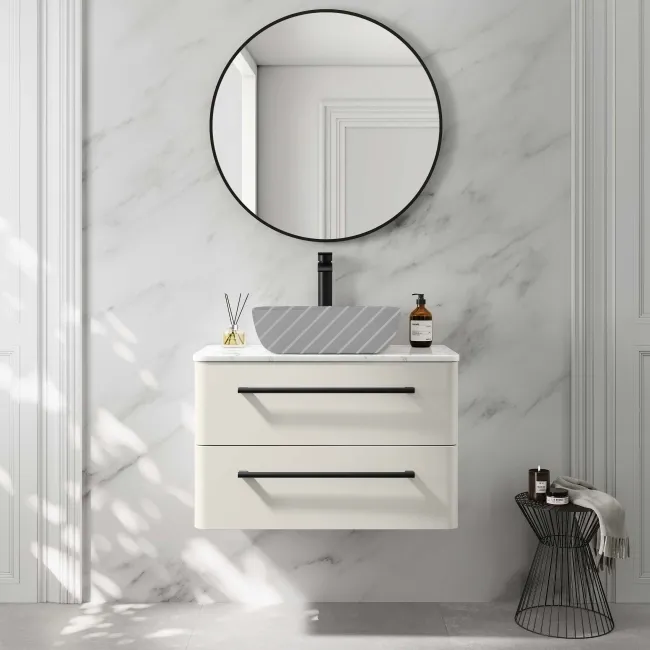 Omaha Linen White Wall Hung Drawer Vanity Marble Top 800mm (No Basin) - Black Accents