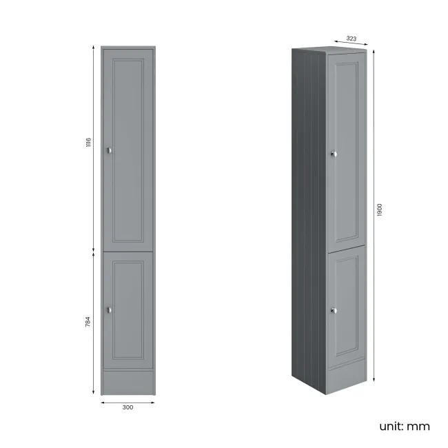 Monaco Dove Grey Floor Standing Tall Cabinet Unit 1900x300mm
