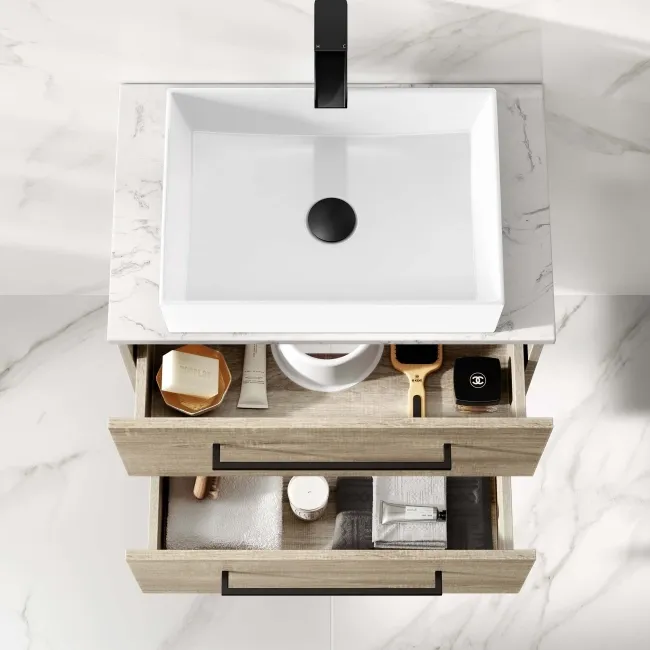 Elba Dawn Oak Wall Hung Drawer Vanity with Marble Top & Cody Basin 600mm - Black Accents