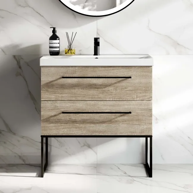 Elba Dawn Oak Wall Hung Basin Drawer Vanity 800mm with Matt Black Stand