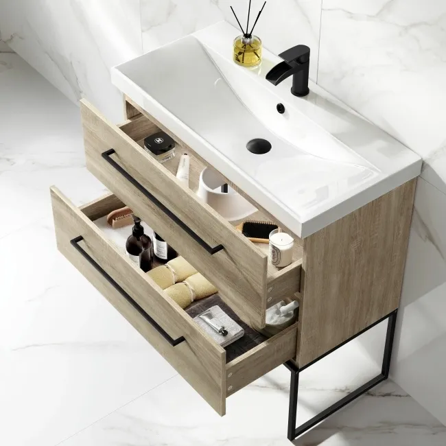 Elba Dawn Oak Wall Hung Basin Drawer Vanity 800mm with Matt Black Stand