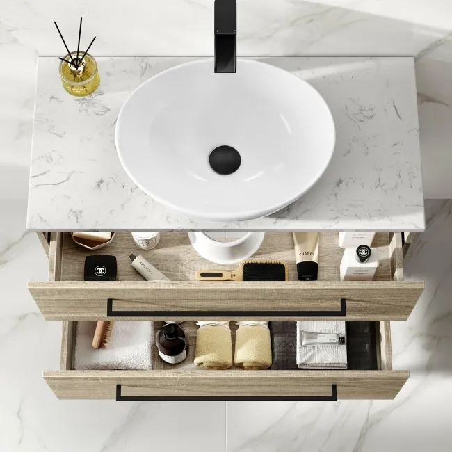 Elba Dawn Oak Wall Hung Drawer Vanity with Marble Top & Oval Counter Top Basin 800mm - Black Accents