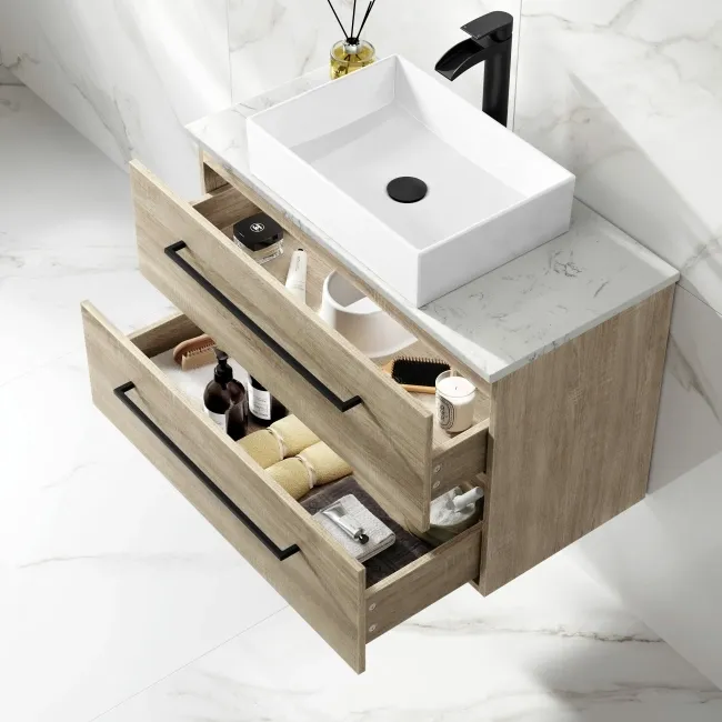 Elba Dawn Oak Wall Hung Drawer Vanity with Marble Top & Cody Basin 800mm - Black Accents